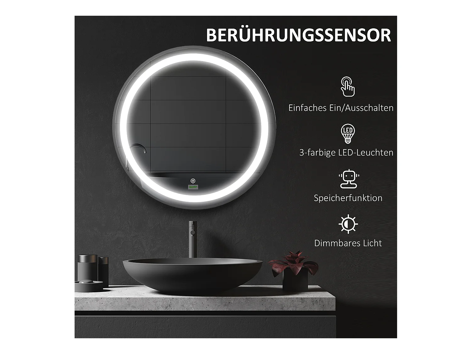 Miroir salle de bain LED rond, 3 couleurs lumière, fonction tactile et mémoire, aluminium, noir (60x60x4cm)