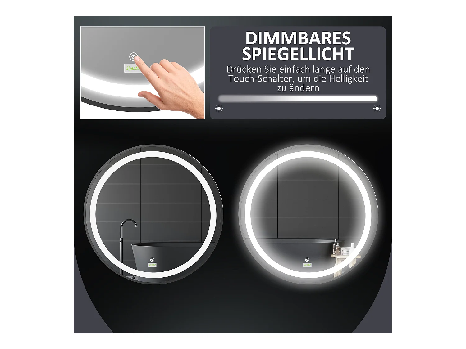 Miroir salle de bain LED rond, 3 couleurs lumière, fonction tactile et mémoire, aluminium, noir (60x60x4cm)