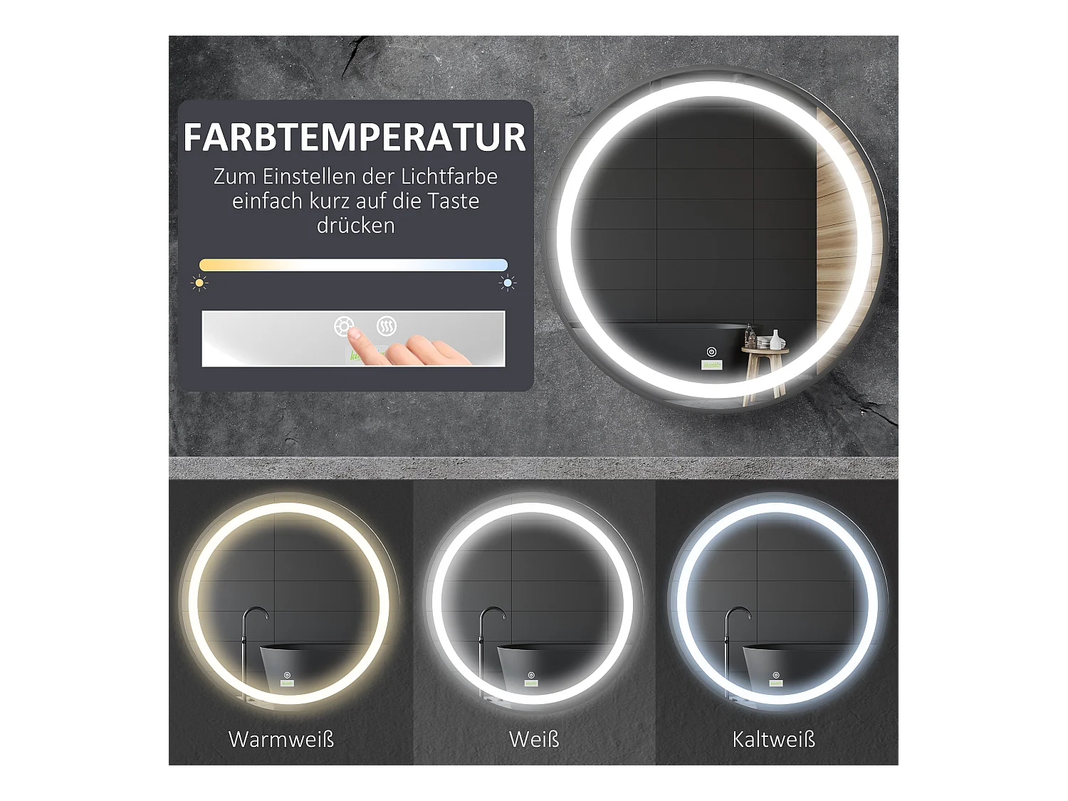 Miroir salle de bain LED rond, 3 couleurs lumière, fonction tactile et mémoire, aluminium, noir (60x60x4cm)