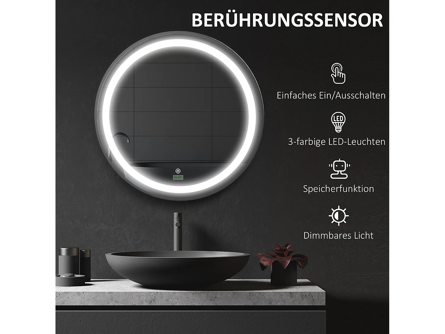 Miroir salle de bain LED rond, 3 couleurs lumière, fonction tactile et mémoire, aluminium, noir (60x60x4cm)