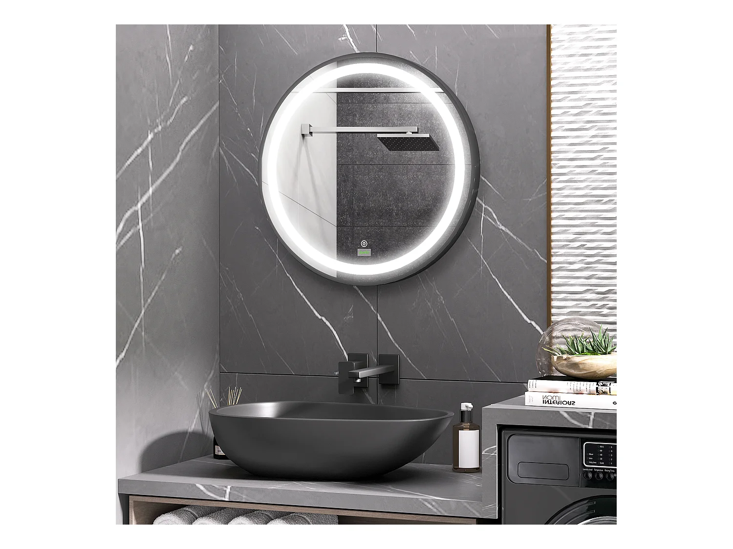 Miroir salle de bain LED rond, 3 couleurs lumière, fonction tactile et mémoire, aluminium, noir (60x60x4cm)