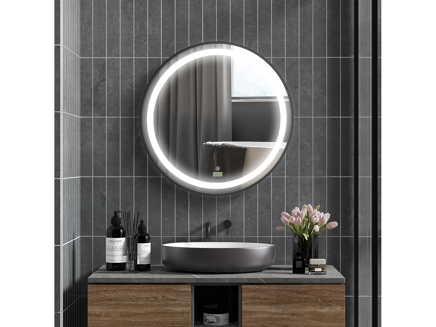 Specchio da bagno rotondo a LED, 3 colori di luce, funzione touch e memory, alluminio, nero (60x60x4cm)