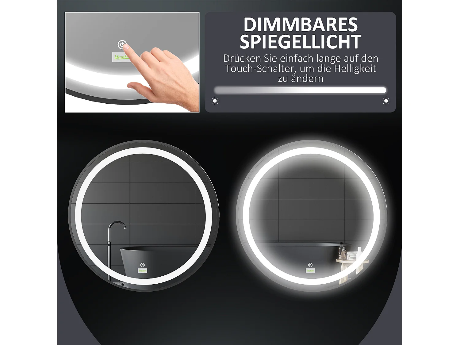 Specchio da bagno rotondo a LED, 3 colori di luce, funzione touch e memory, alluminio, nero (60x60x4cm)