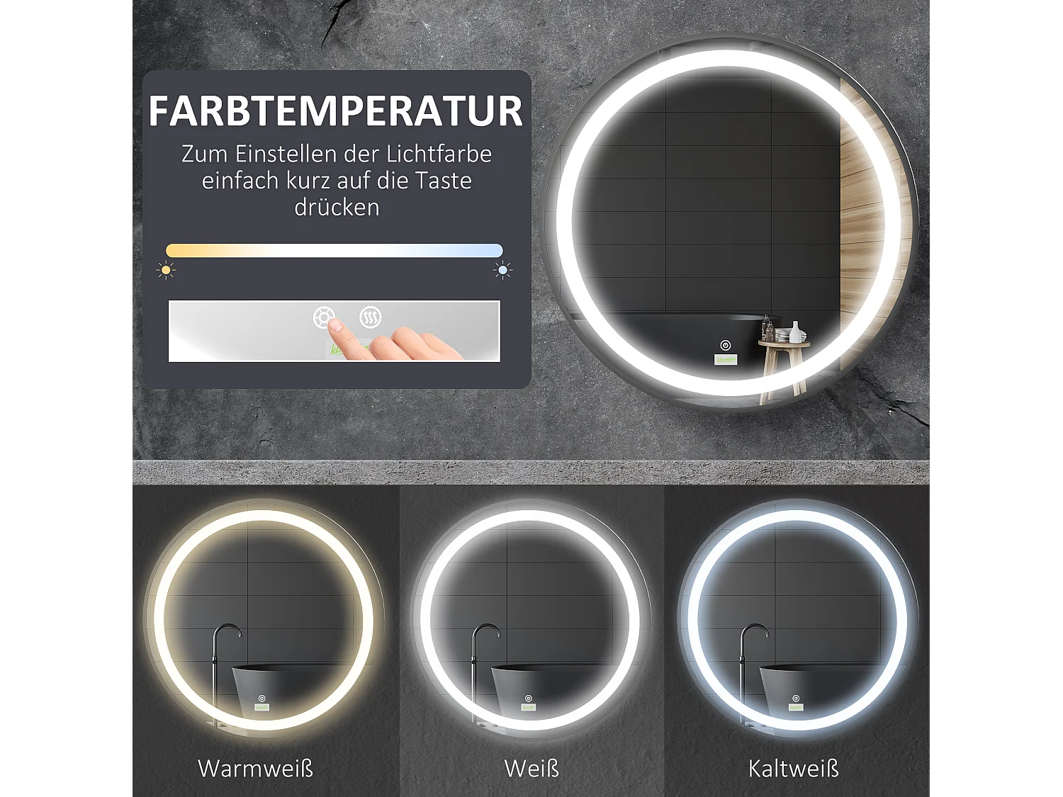 Specchio da bagno rotondo a LED, 3 colori di luce, funzione touch e memory, alluminio, nero (60x60x4cm)