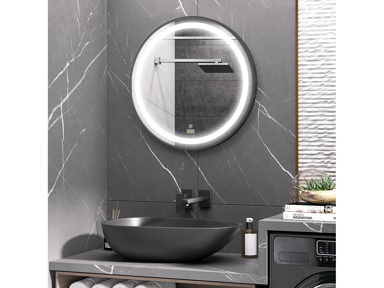 Specchio da bagno rotondo a LED, 3 colori di luce, funzione touch e memory, alluminio, nero (60x60x4cm)