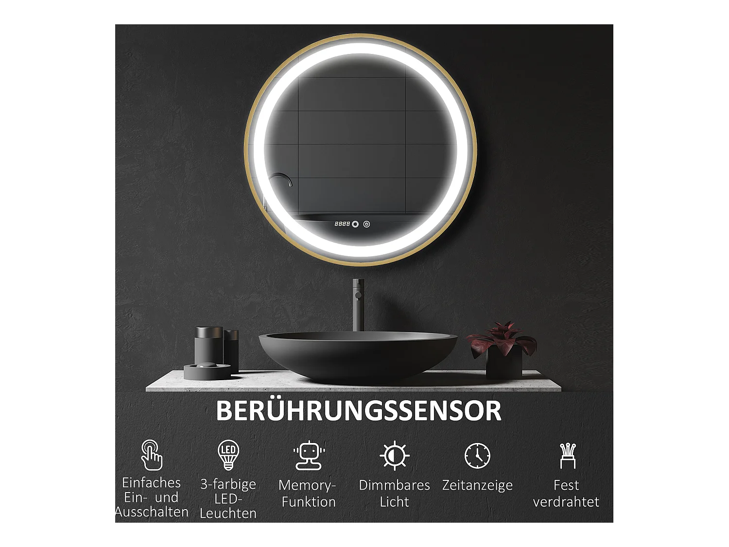 Miroir de salle de bain LED, dimmable, fonction mémoire, aluminium, doré (60x60 cm)