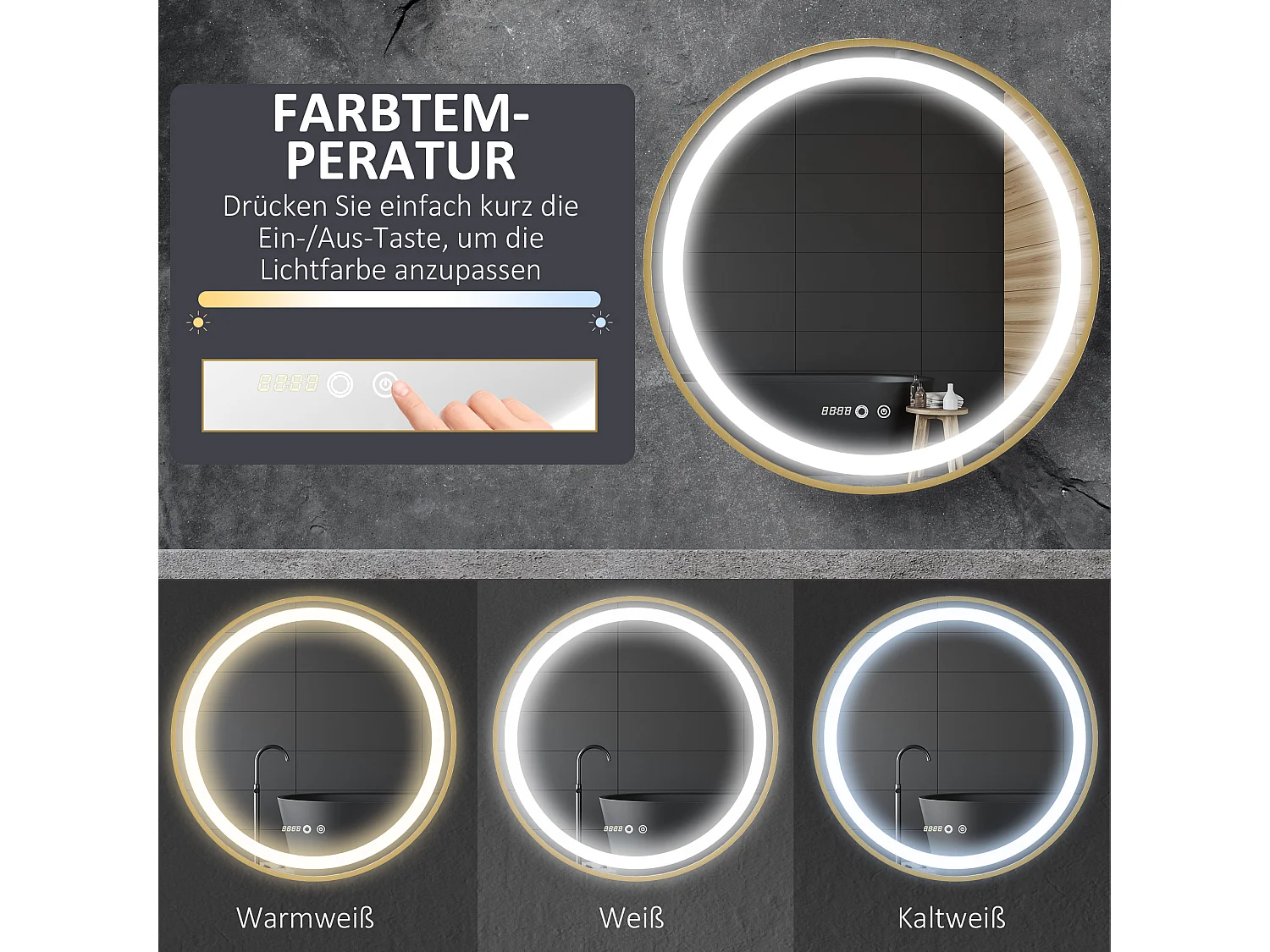 Miroir de salle de bain LED, dimmable, fonction mémoire, aluminium, doré (60x60 cm)