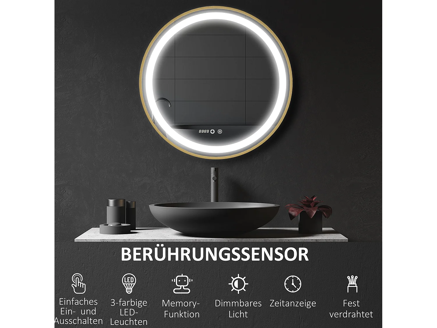Miroir de salle de bain LED, dimmable, fonction mémoire, aluminium, doré (60x60 cm)