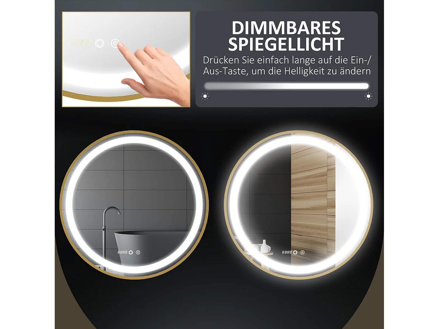 Miroir de salle de bain LED, dimmable, fonction mémoire, aluminium, doré (60x60 cm)