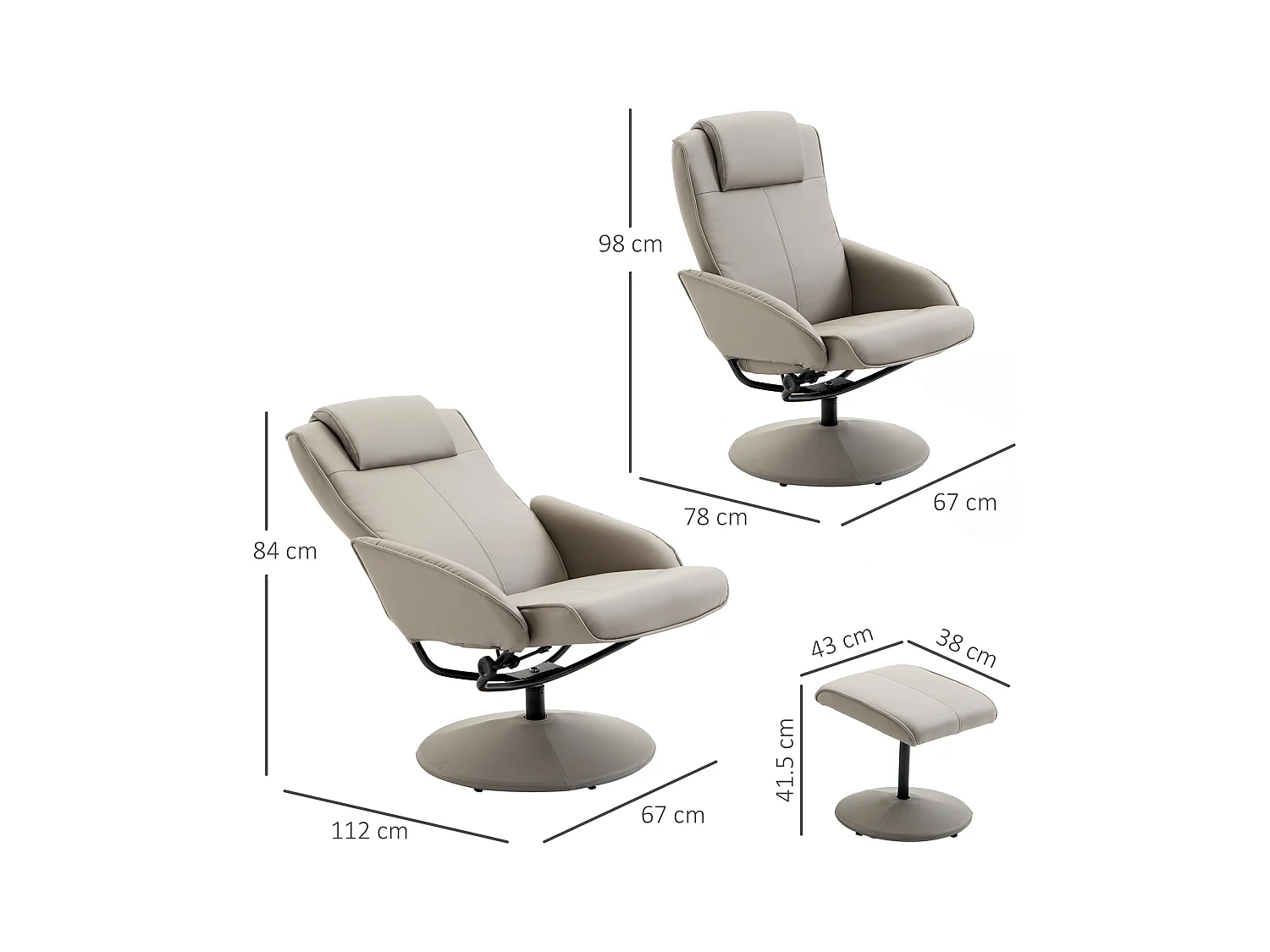 Fauteuil relax pivotant 360° avec repose-pieds, cuir synthétique, gris (78x67x98cm)