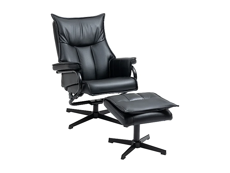 Draaifauteuil met kantelfunctie, voetenbank, zwart kunstleer, staal (75x84x101 cm)