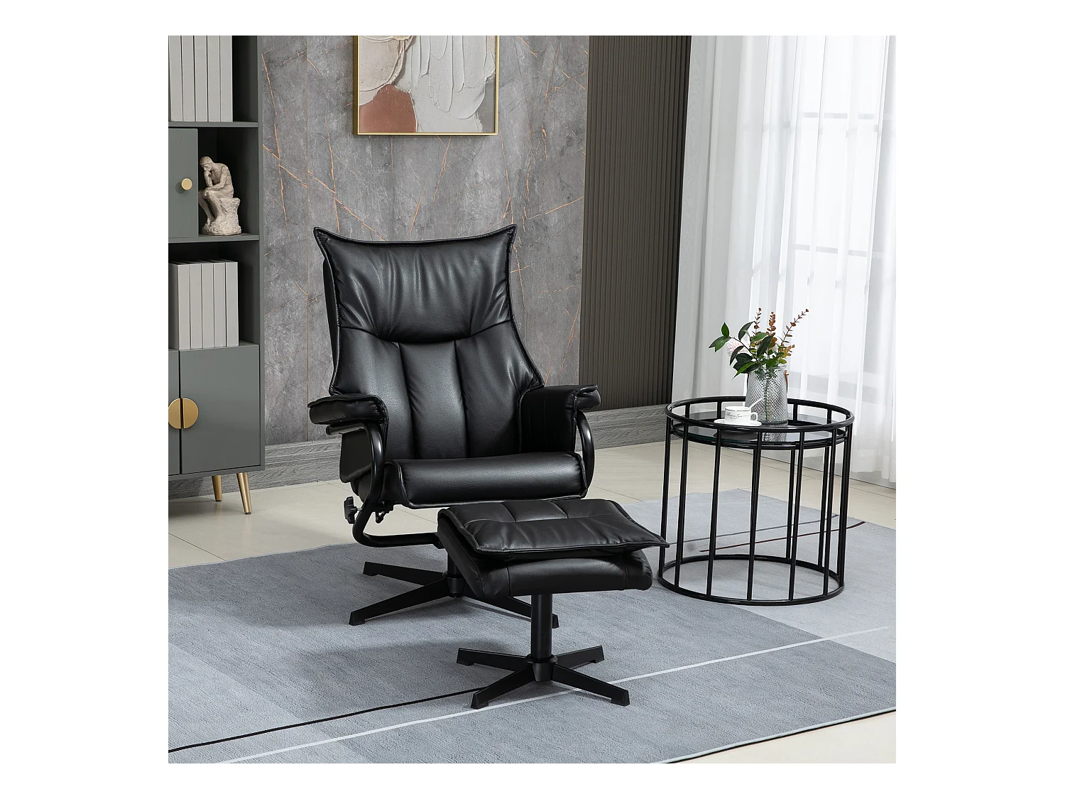 Sillón giratorio con función basculante, reposapiés, piel sintética negra, acero (75x84x101 cm)