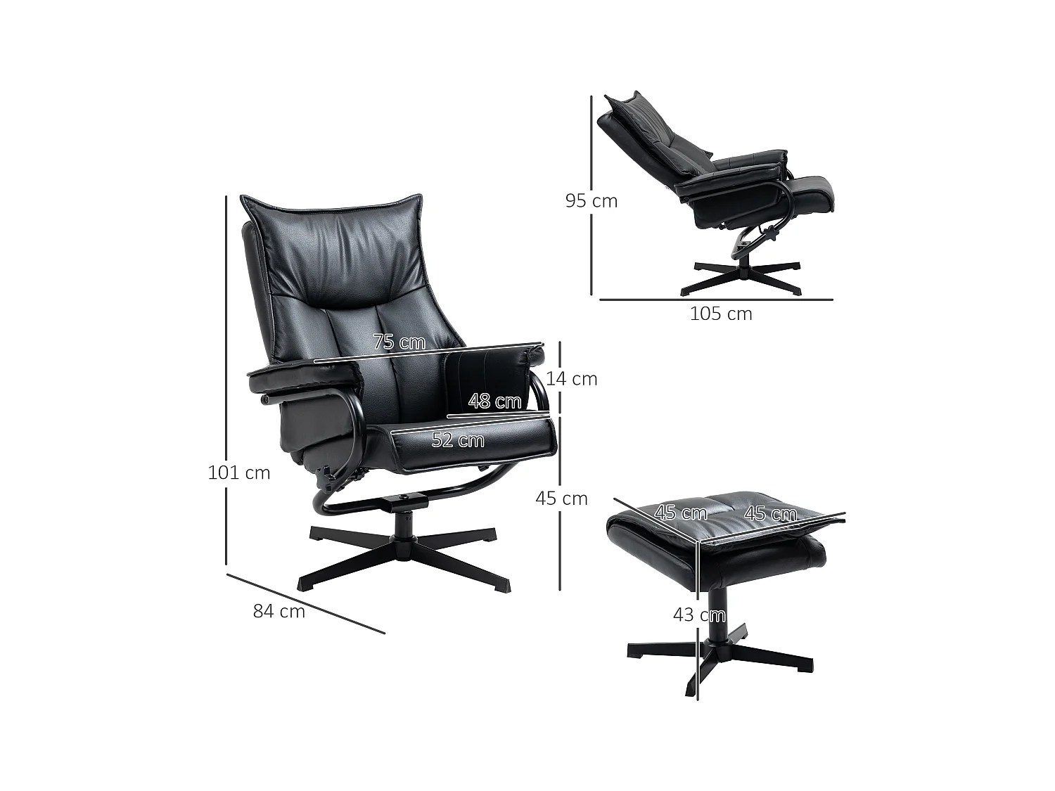 Sillón giratorio con función basculante, reposapiés, piel sintética negra, acero (75x84x101 cm)