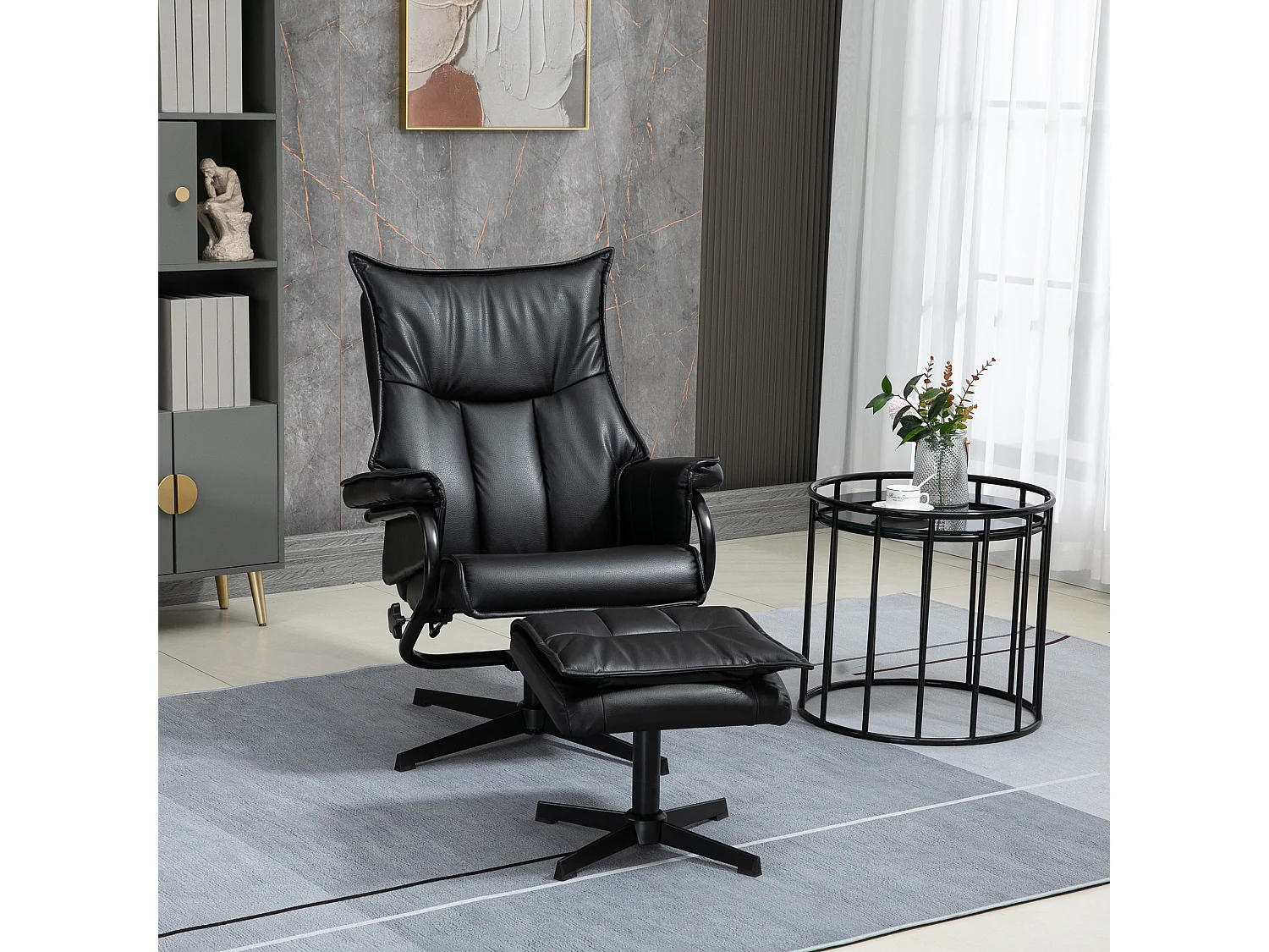 Poltrona girevole con funzione basculante, poggiapiedi, pelle sintetica nera, acciaio (75x84x101 cm)