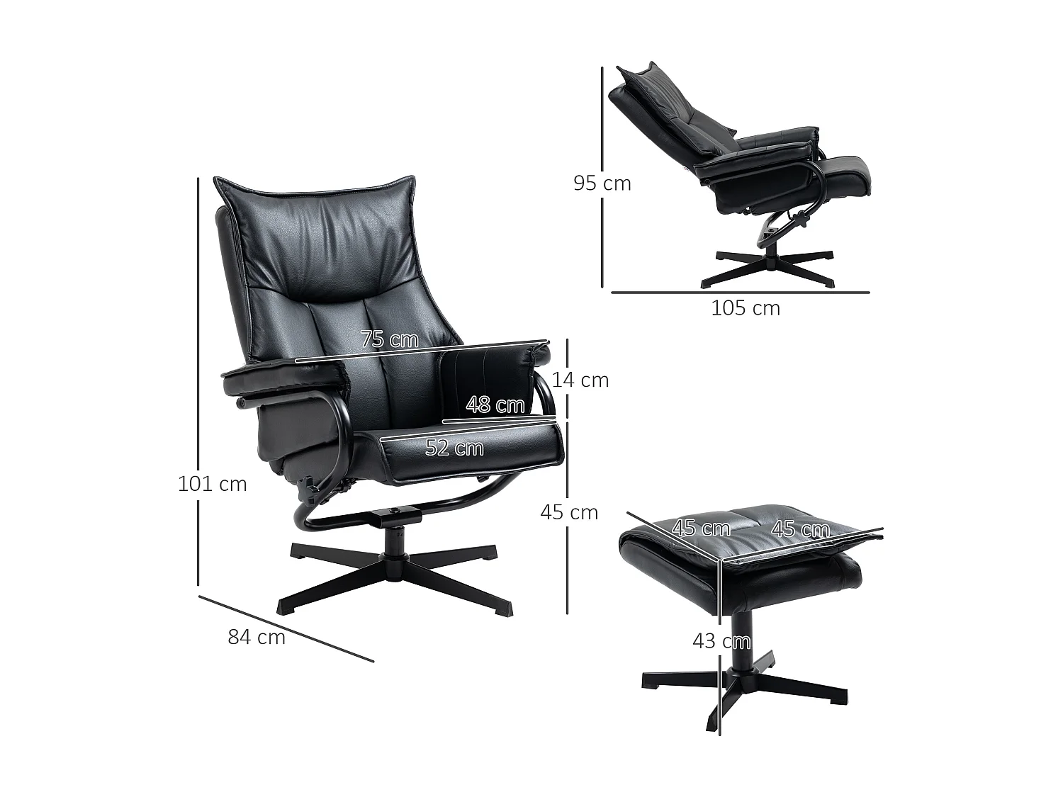 Poltrona girevole con funzione basculante, poggiapiedi, pelle sintetica nera, acciaio (75x84x101 cm)