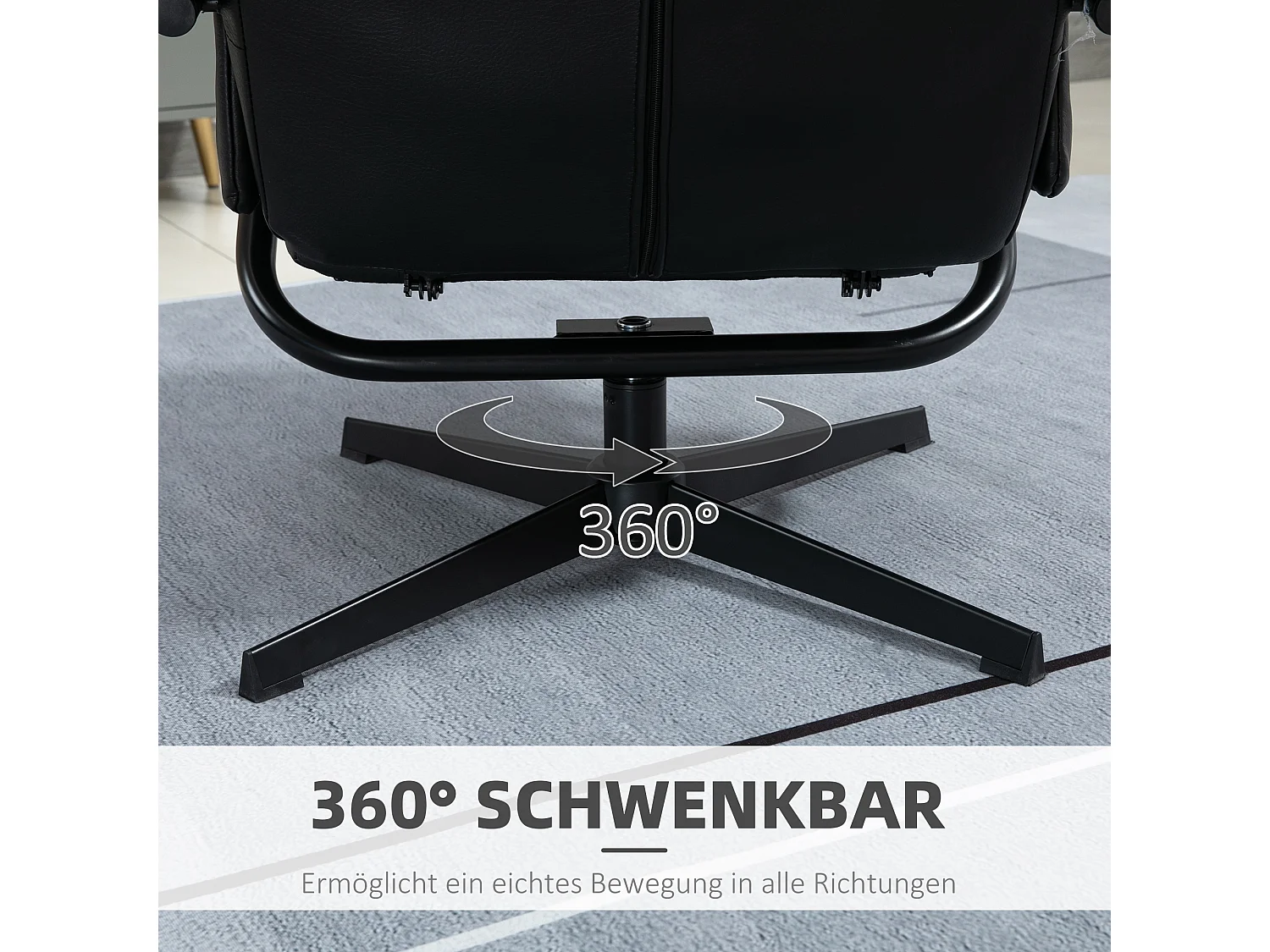 Poltrona girevole con funzione basculante, poggiapiedi, pelle sintetica nera, acciaio (75x84x101 cm)