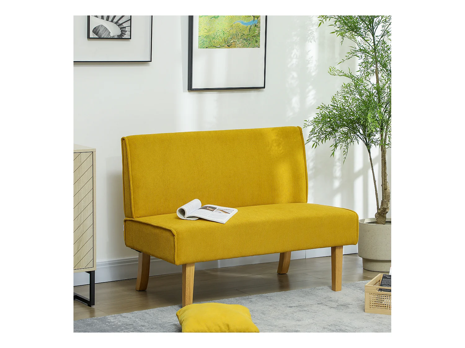 Canapé 2 places en velours côtelé, structure bois, jaune (110x62x85cm)