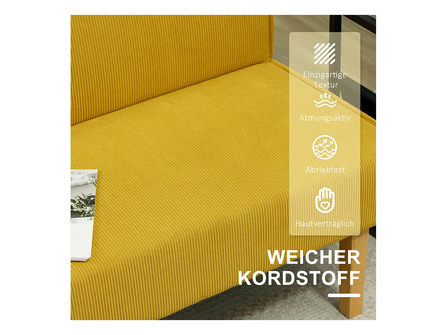 Canapé 2 places en velours côtelé, structure bois, jaune (110x62x85cm)