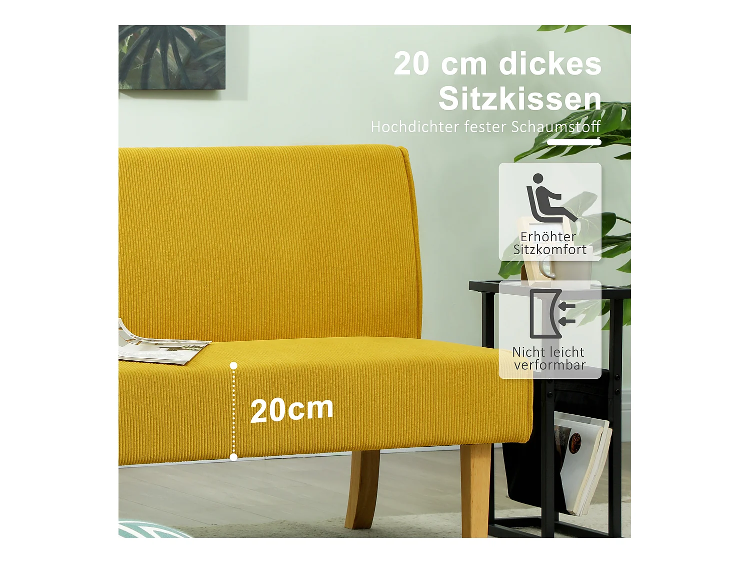 Canapé 2 places en velours côtelé, structure bois, jaune (110x62x85cm)