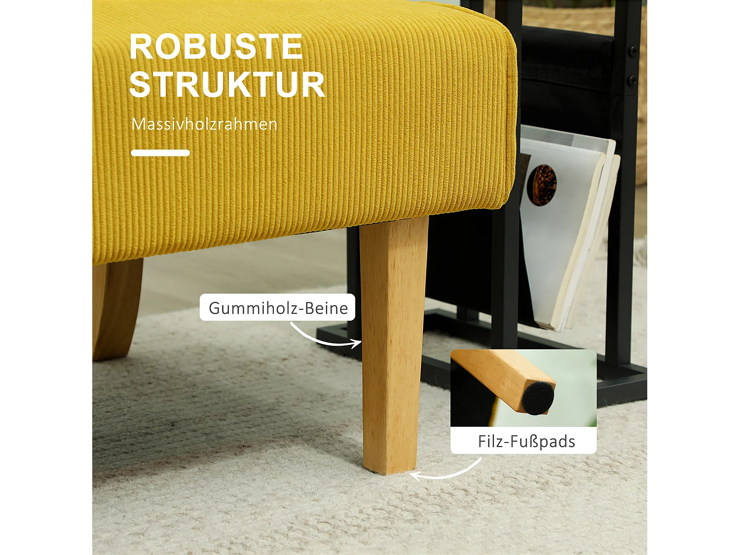 Canapé 2 places en velours côtelé, structure bois, jaune (110x62x85cm)