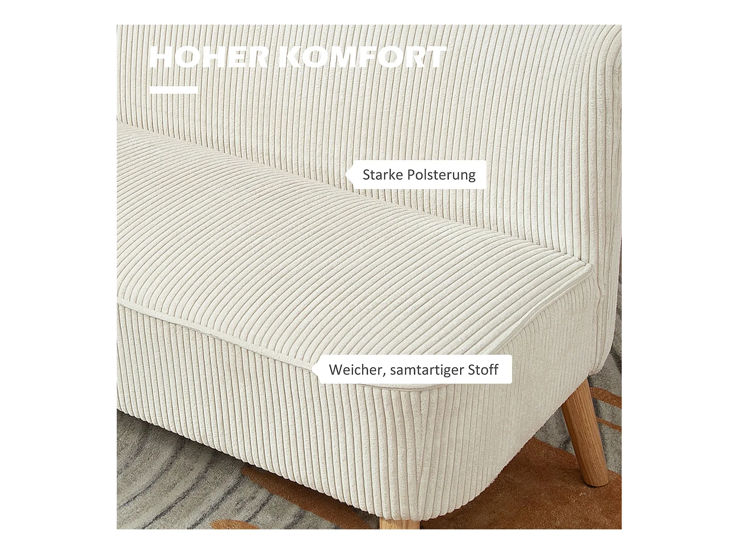 Canapé 2 places moderne, Tissu texturé, Structure en bois, Crème (117x56.5x77 cm)