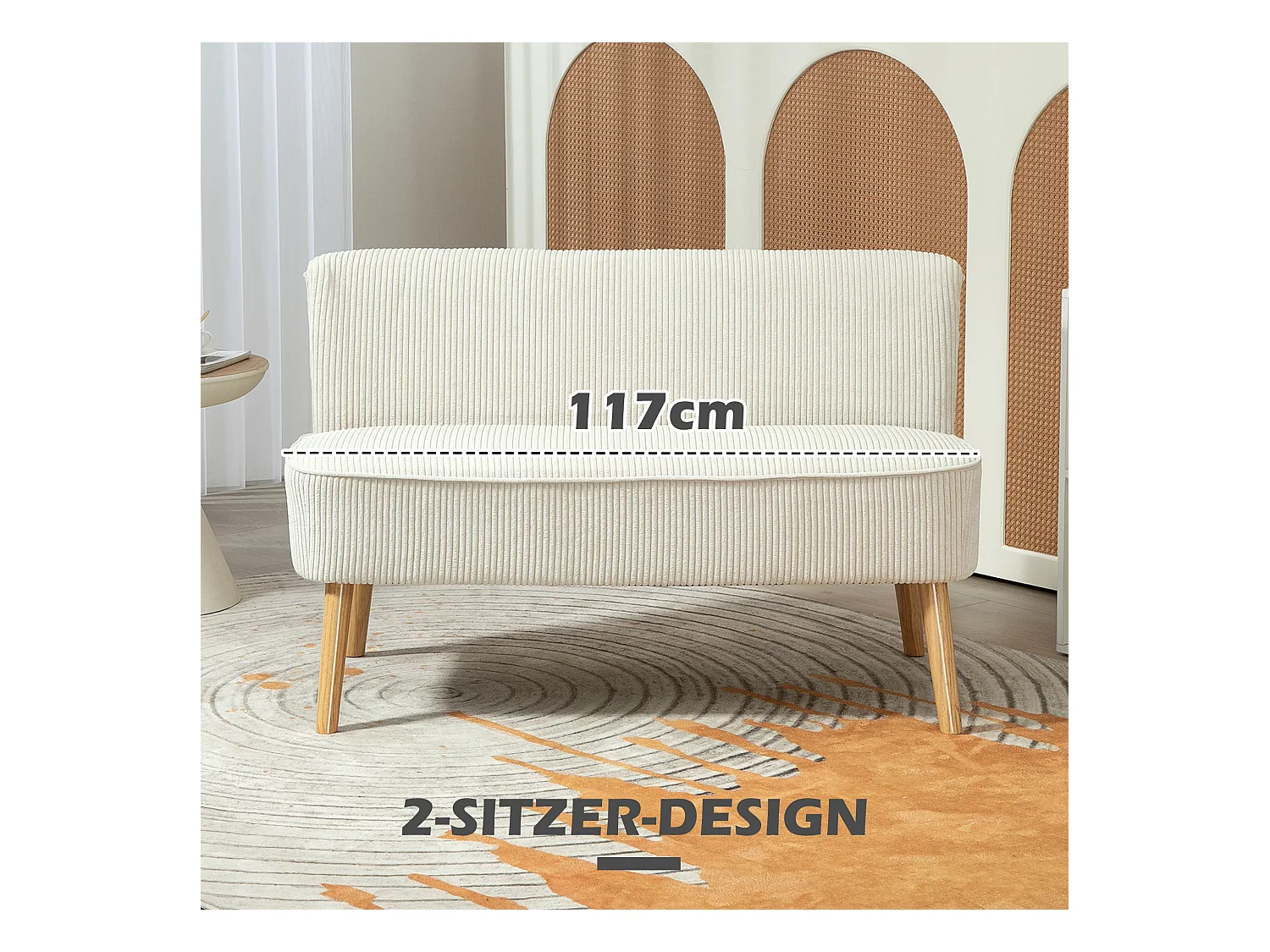 Canapé 2 places moderne, Tissu texturé, Structure en bois, Crème (117x56.5x77 cm)