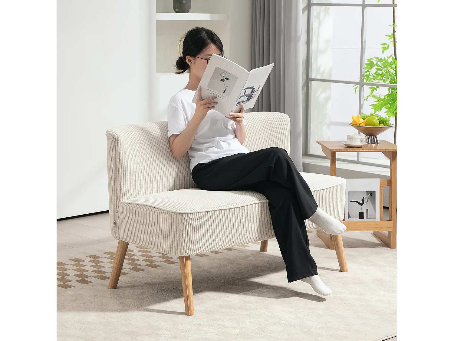 Canapé 2 places moderne, Tissu texturé, Structure en bois, Crème (117x56.5x77 cm)