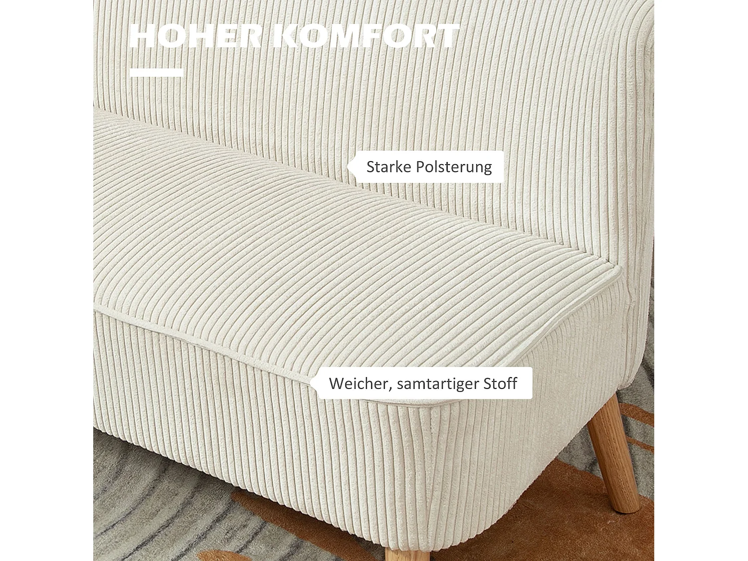 Canapé 2 places moderne, Tissu texturé, Structure en bois, Crème (117x56.5x77 cm)