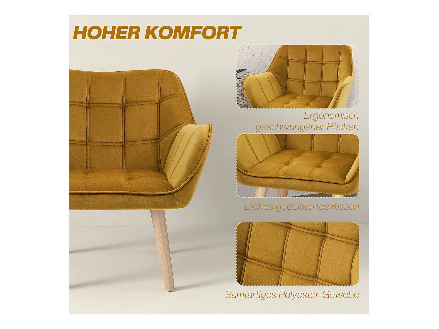 Relaxfauteuil met Scandinavisch design, in fluweel, houten poten, geel (67x61,5x71 cm)
