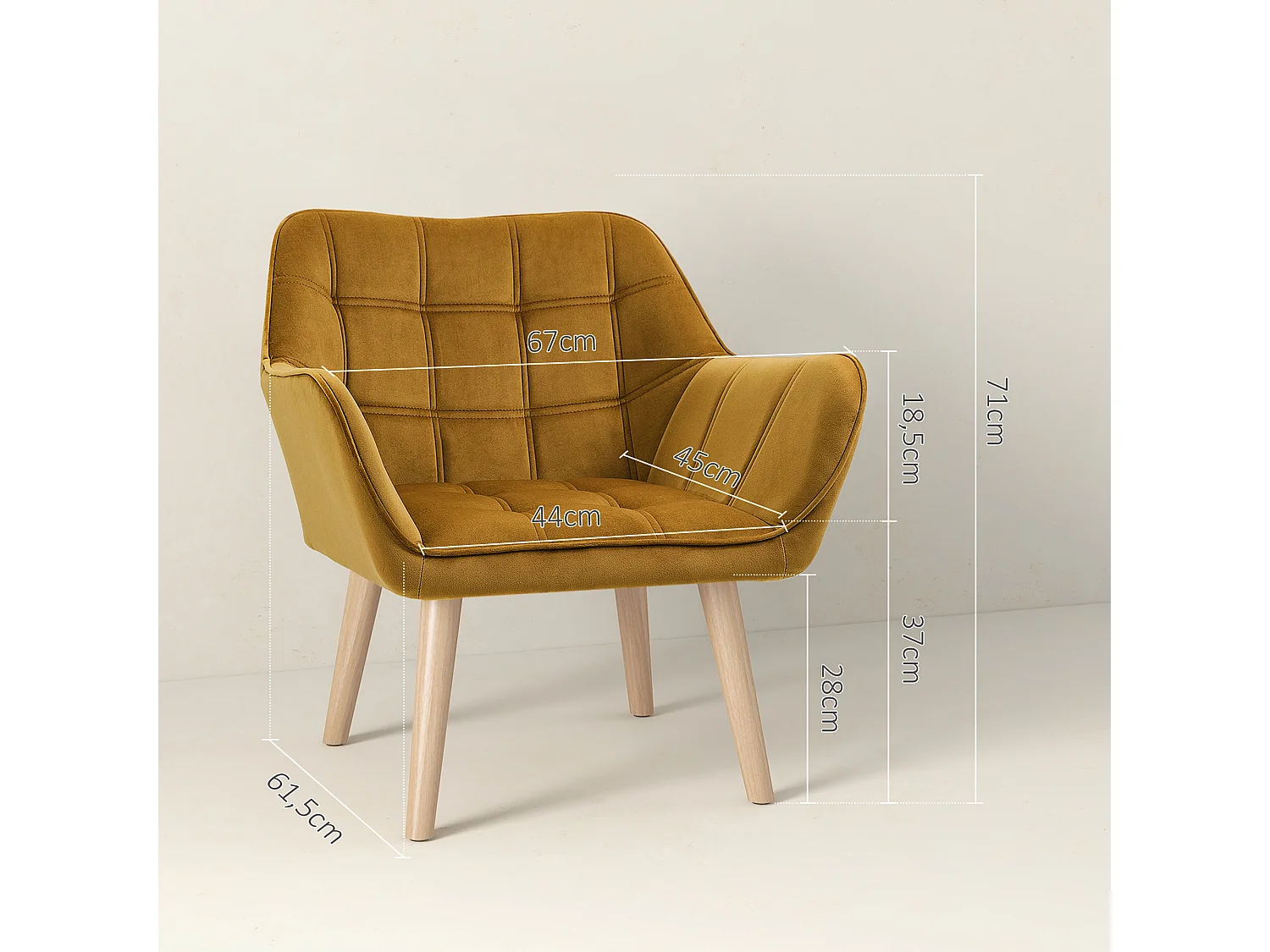 Fauteuil Relax avec design scandinave, en velours, pieds en bois, jaune (67x61.5x71 cm)