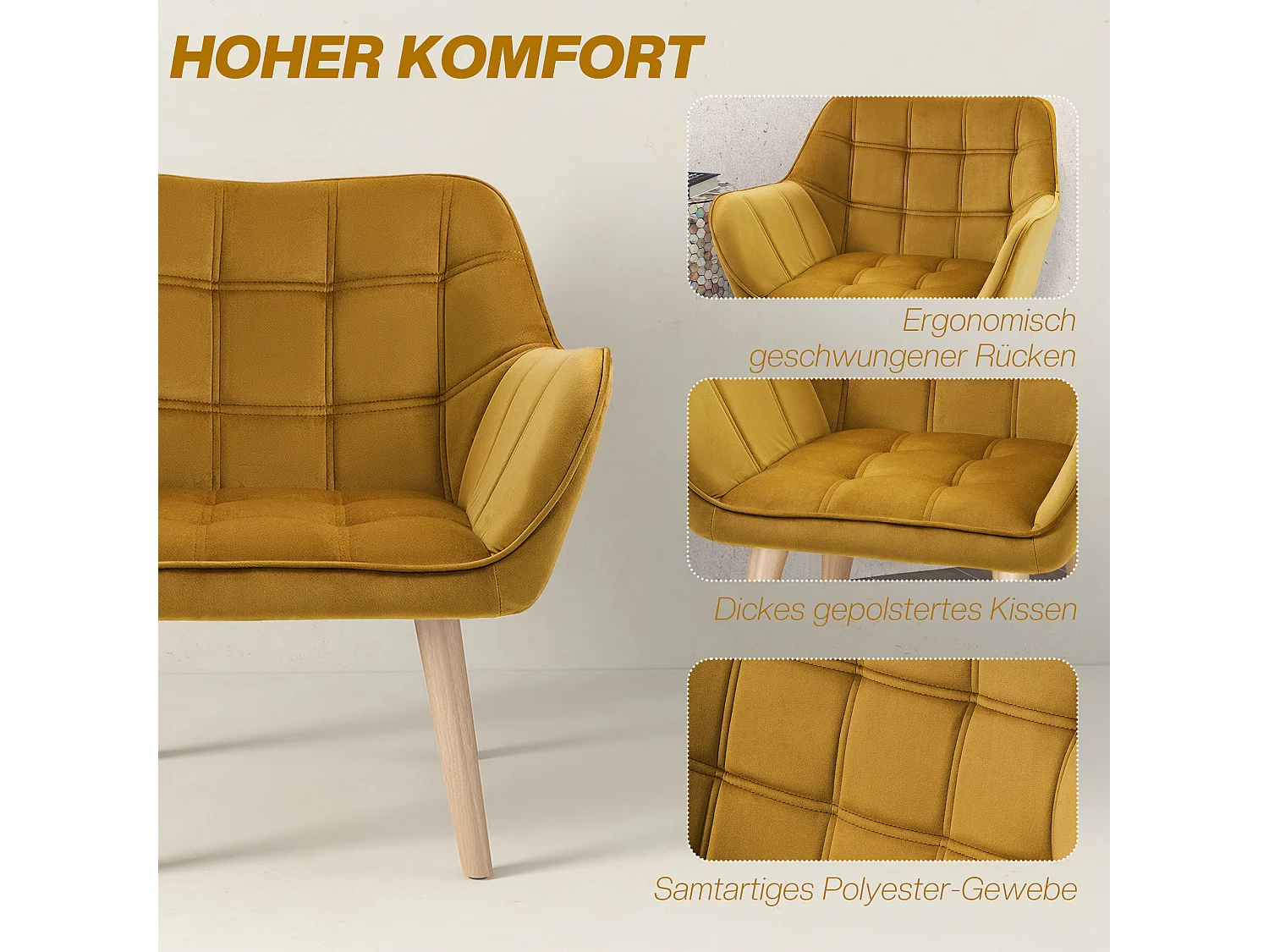 Fauteuil Relax avec design scandinave, en velours, pieds en bois, jaune (67x61.5x71 cm)