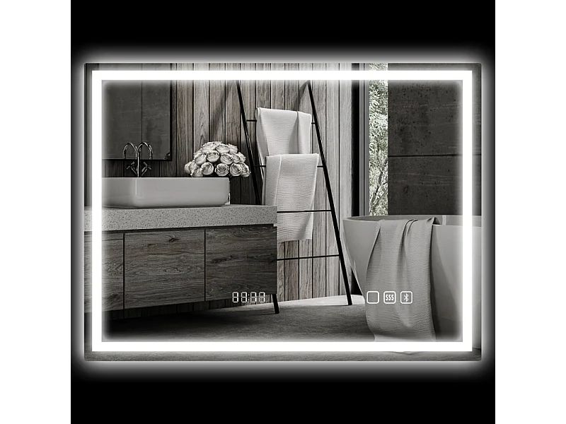 Miroir LED de salle de bain avec Bluetooth, fonction mémoire, 3 couleurs d'éclairage, argent (80x60x3.5 cm)