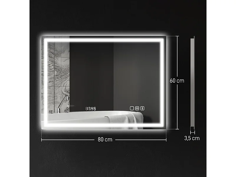 Miroir LED de salle de bain avec Bluetooth, fonction mémoire, 3 couleurs d'éclairage, argent (80x60x3.5 cm)