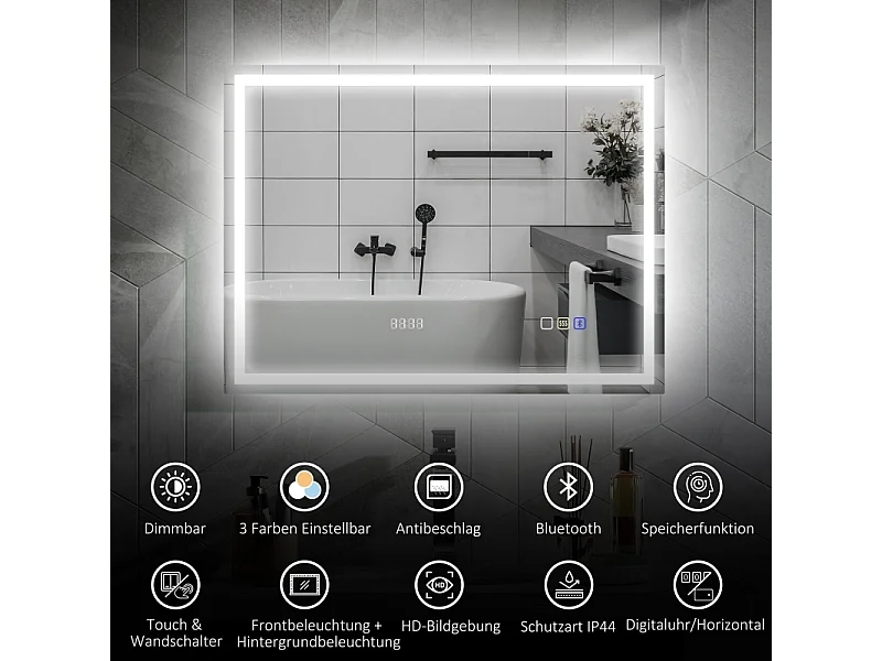 Miroir LED de salle de bain avec Bluetooth, fonction mémoire, 3 couleurs d'éclairage, argent (80x60x3.5 cm)