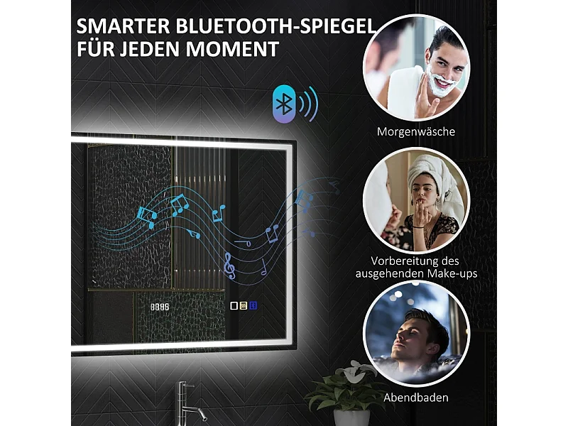 Miroir LED de salle de bain avec Bluetooth, fonction mémoire, 3 couleurs d'éclairage, argent (80x60x3.5 cm)