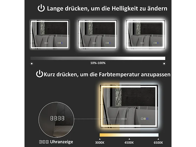 Miroir LED de salle de bain avec Bluetooth, fonction mémoire, 3 couleurs d'éclairage, argent (80x60x3.5 cm)