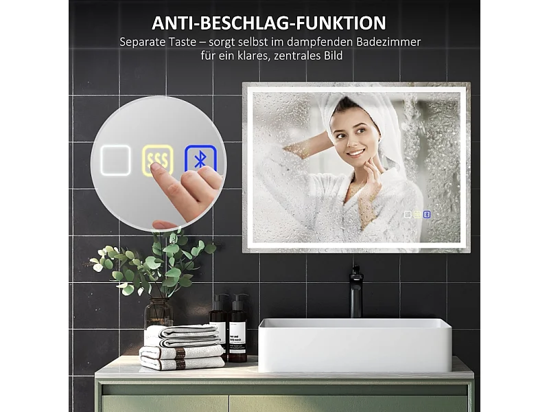 Miroir LED de salle de bain avec Bluetooth, fonction mémoire, 3 couleurs d'éclairage, argent (80x60x3.5 cm)