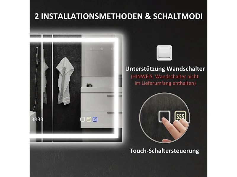 Miroir LED de salle de bain avec Bluetooth, fonction mémoire, 3 couleurs d'éclairage, argent (80x60x3.5 cm)