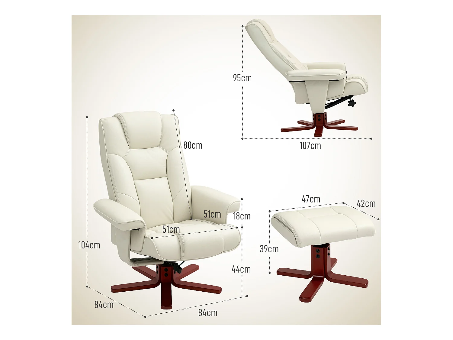 Fauteuil relax avec repose-pieds, fonction bascule, dossier réglable, cuir synthétique crème (84x84x104cm)
