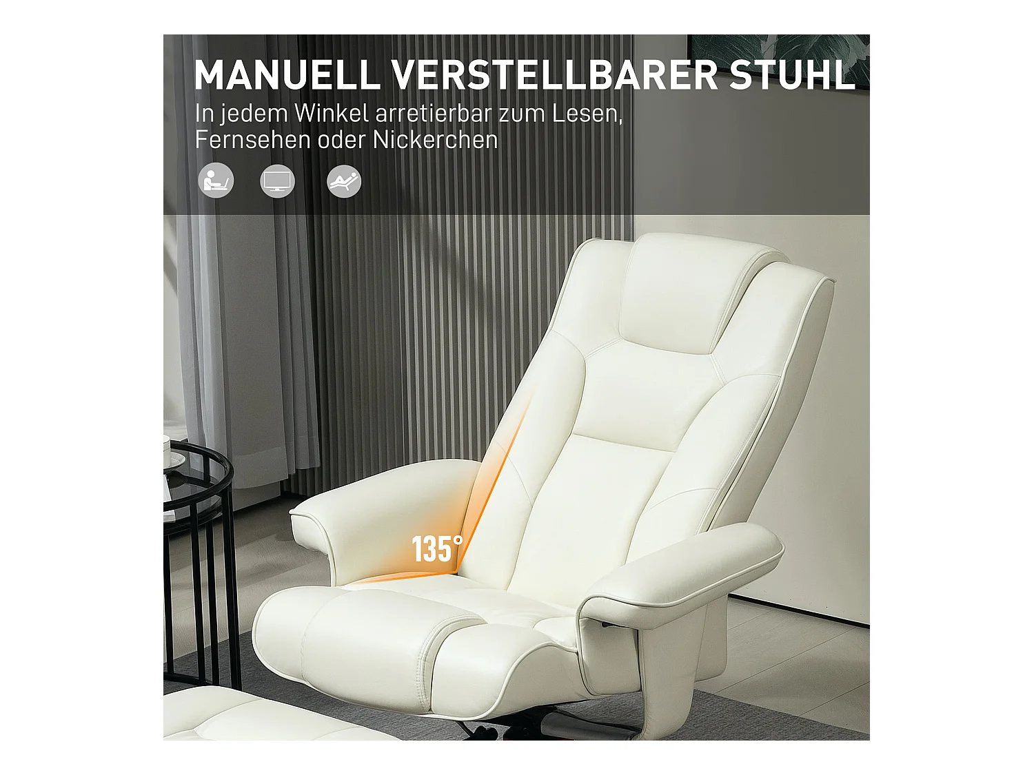 Fauteuil relax avec repose-pieds, fonction bascule, dossier réglable, cuir synthétique crème (84x84x104cm)