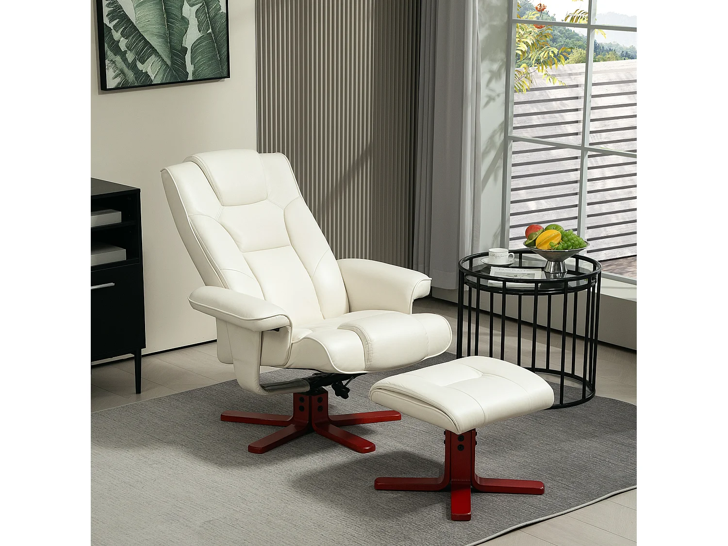 Fauteuil relax avec repose-pieds, fonction bascule, dossier réglable, cuir synthétique crème (84x84x104cm)