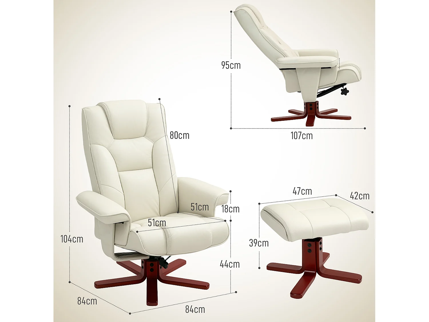 Fauteuil relax avec repose-pieds, fonction bascule, dossier réglable, cuir synthétique crème (84x84x104cm)