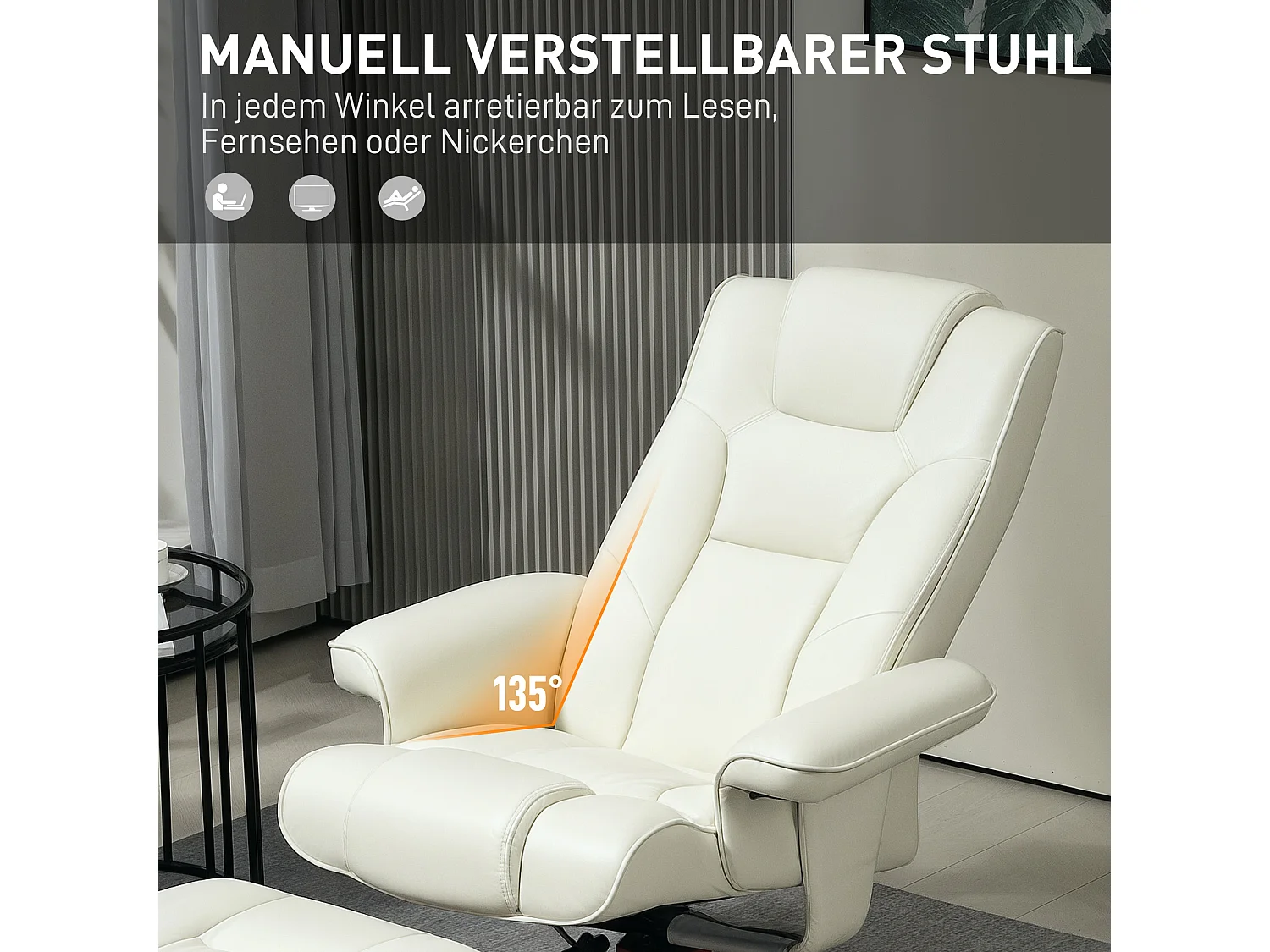 Fauteuil relax avec repose-pieds, fonction bascule, dossier réglable, cuir synthétique crème (84x84x104cm)