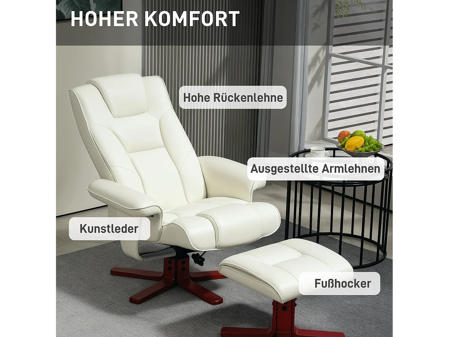 Fauteuil relax avec repose-pieds, fonction bascule, dossier réglable, cuir synthétique crème (84x84x104cm)