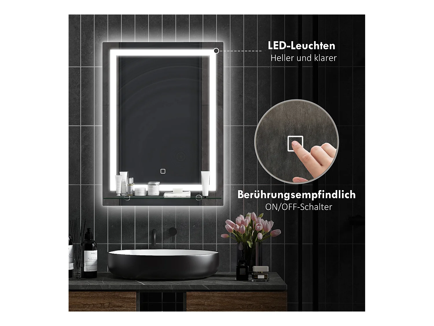 Miroir de salle de bain lumineux avec 3 couleurs d'éclairage, fonction mémoire, aluminium argenté (50x2.7x70 cm)