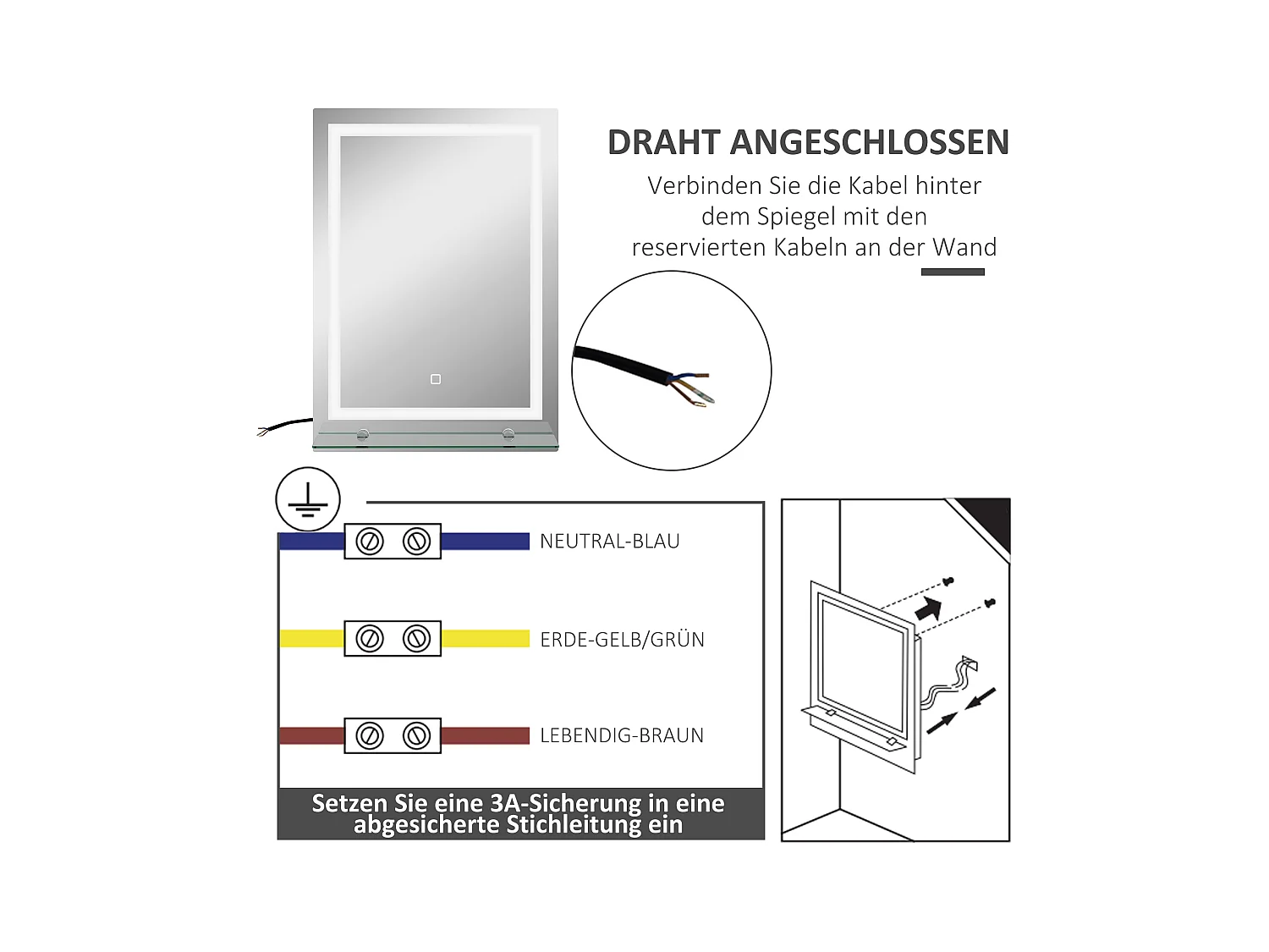 Miroir de salle de bain lumineux avec 3 couleurs d'éclairage, fonction mémoire, aluminium argenté (50x2.7x70 cm)