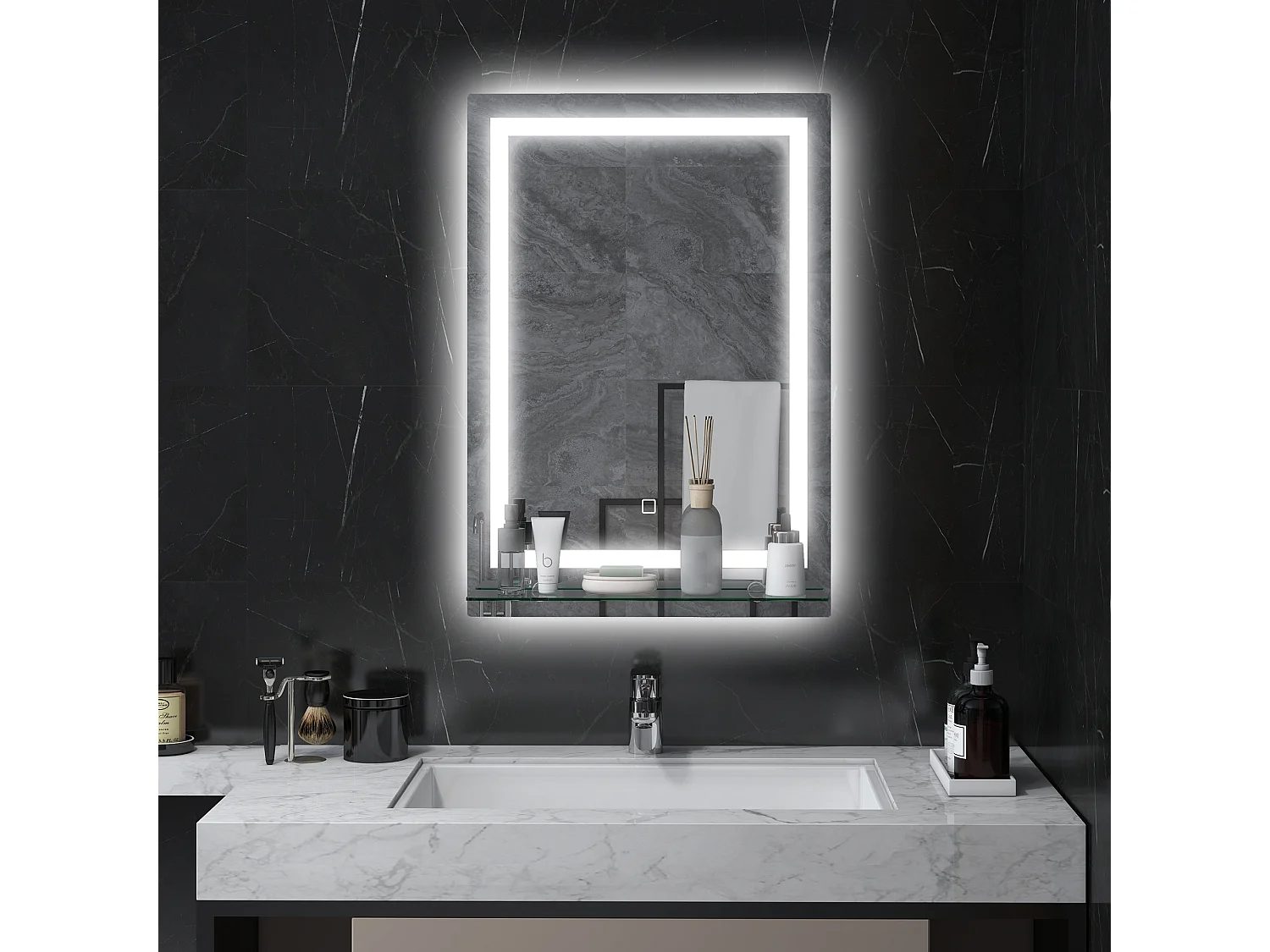 Specchio da bagno illuminato con 3 colori di illuminazione, funzione memory, alluminio argento (50x2,7x70 cm)