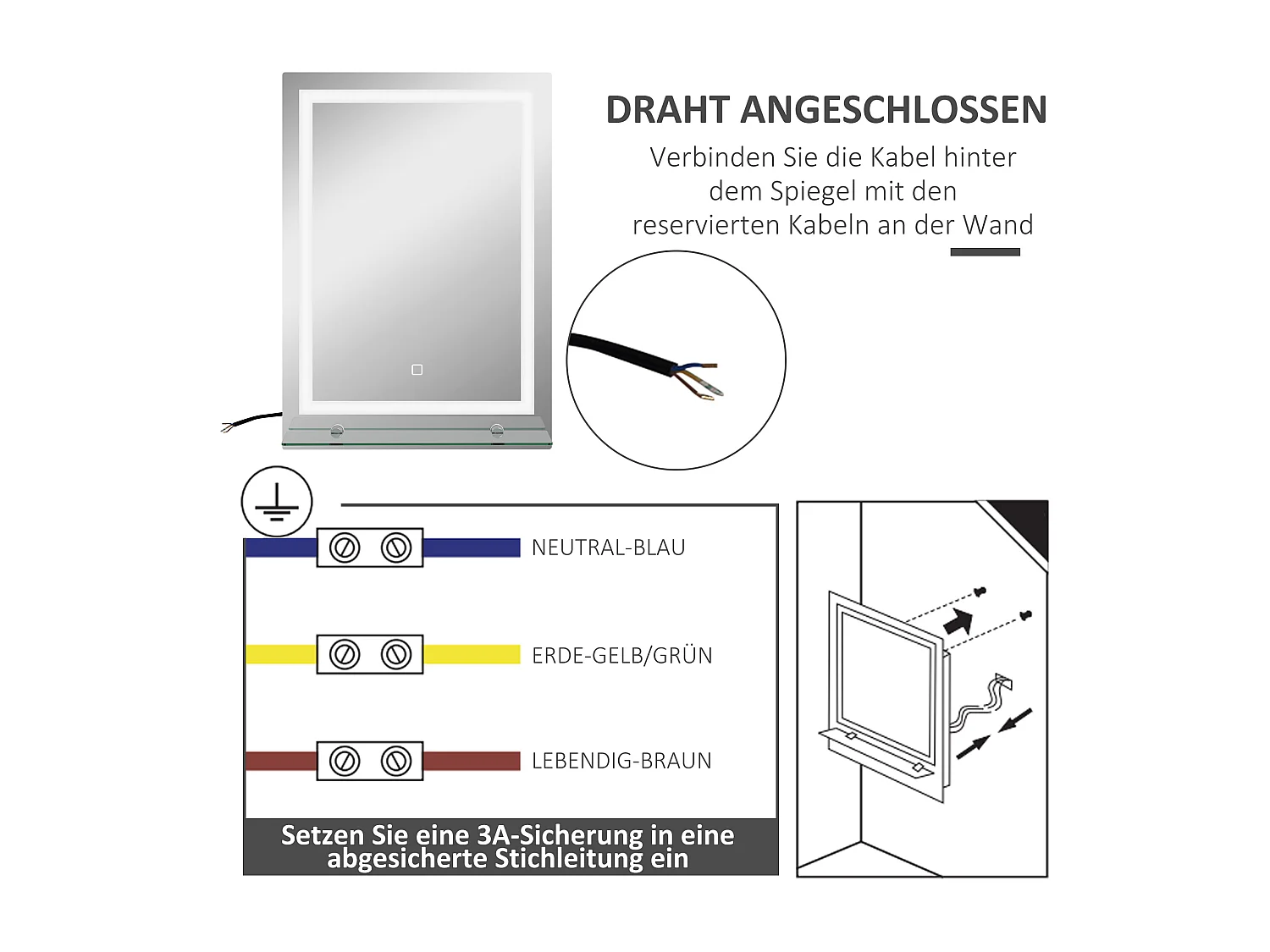 Miroir de salle de bain lumineux avec 3 couleurs d'éclairage, fonction mémoire, aluminium argenté (50x2.7x70 cm)