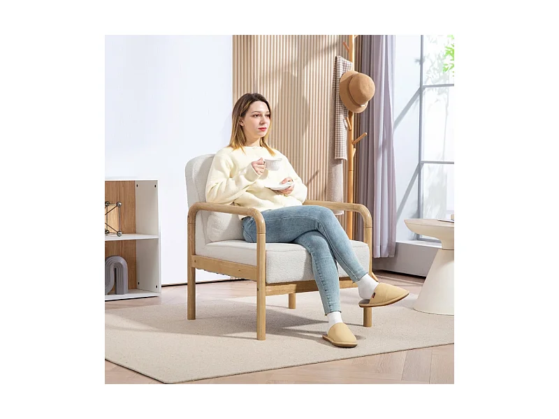 Fauteuil lounge avec accoudoirs, grand siège confortable, pieds en bois, tissu bouclé, pour salon et chambre (67x80x83 cm)