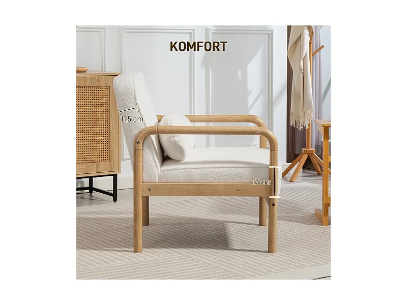 Fauteuil lounge avec accoudoirs, grand siège confortable, pieds en bois, tissu bouclé, pour salon et chambre (67x80x83 cm)